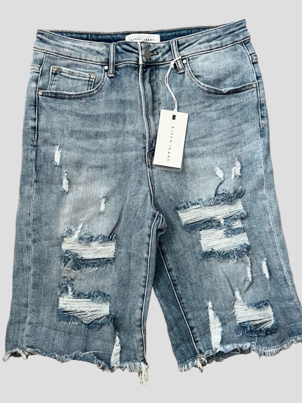 Risen Light Blue Distressed Bermuda Jeans Shorts for Women - Picture 4 of 11